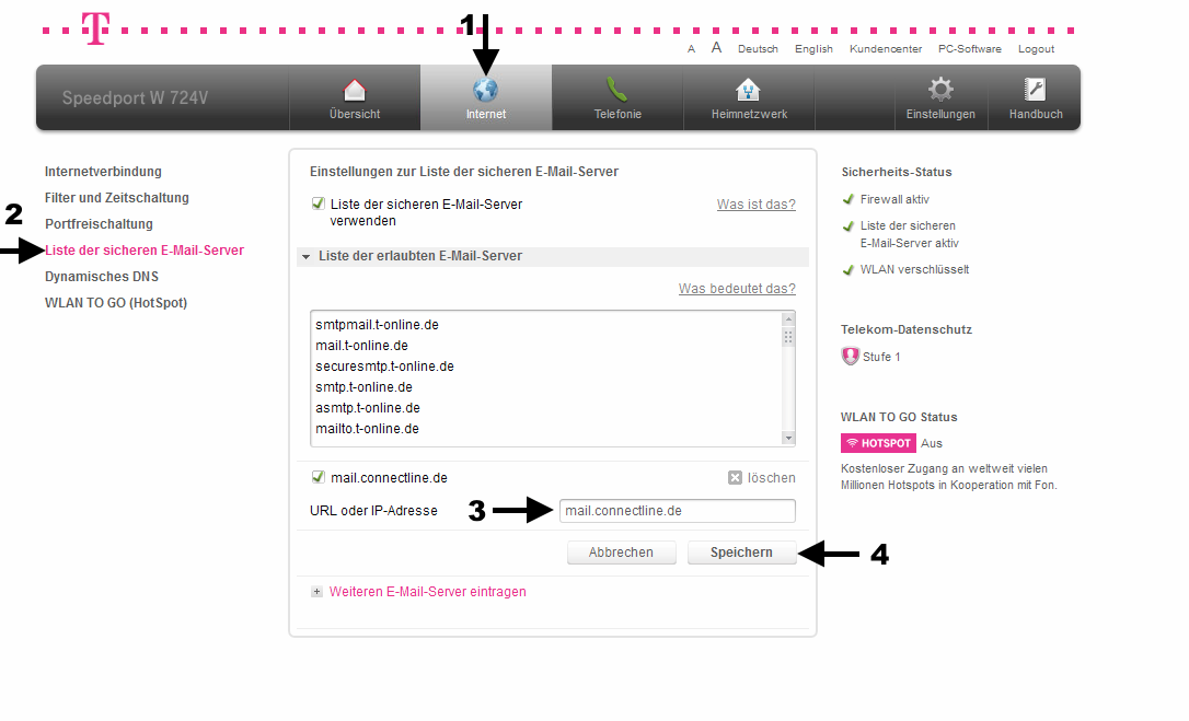Einstellungen des Speedport-Routers zu erlaubten Mailservern